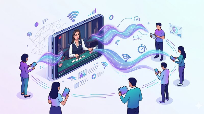 Современная иллюстрация смартфона с живым дилером казино и символами высокоскоростного соединения 5G-Advanced