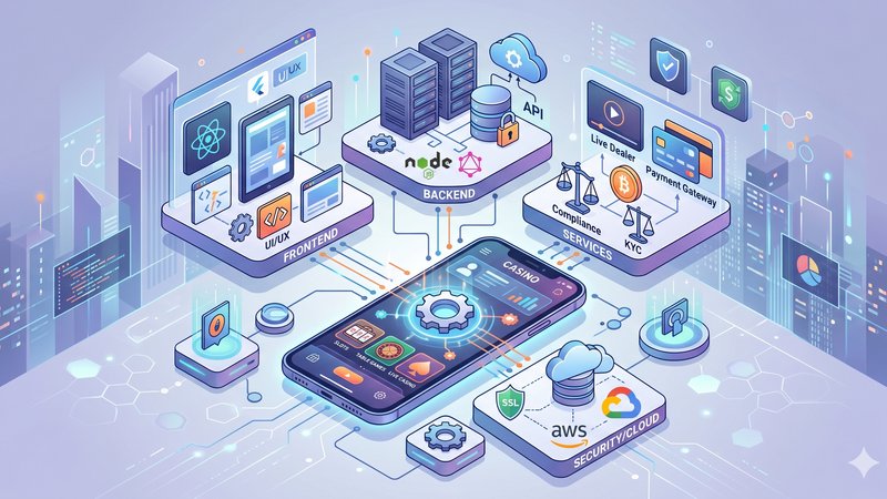 Современная иллюстрация технологического стека для мобильного казино с иконками разработки и смартфонами